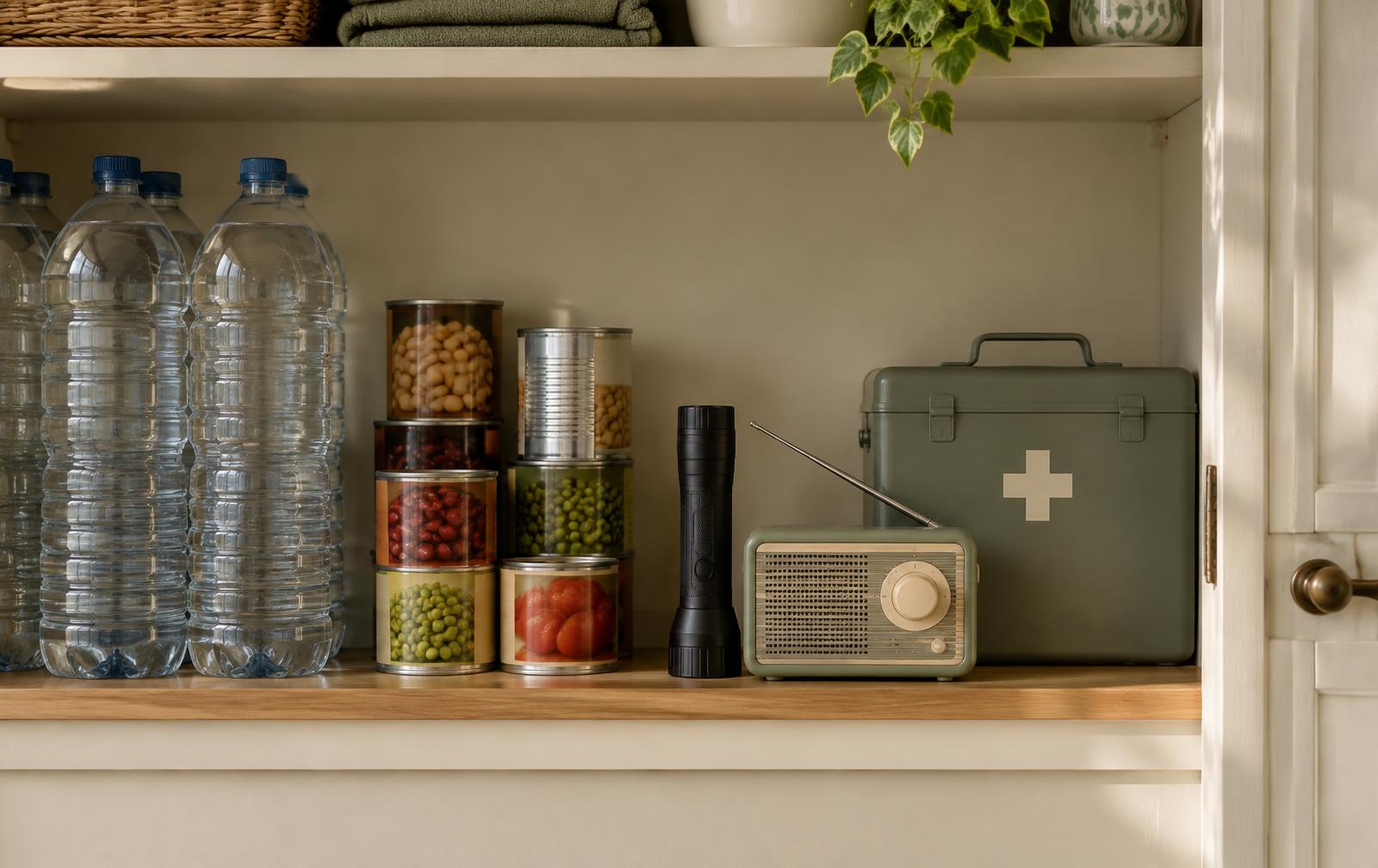 A tidy cupboard shelf with bottled water, tinned food, a torch, a radio and a first aid box